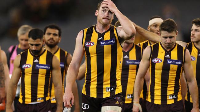 Jarryd Roughead leads his side off the field. Picture: Michael Klein