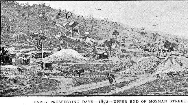 This photograph is of the early prospecting days on the Charters Towers goldfields and was taken at the upper end of Mosman Street. Although it is uncertain exactly which mines feature in this photograph it would be fair to say that the Talisman and the North Australian mines would be among them. The North Australian was owned by Hugh Mosman and his fellow gold discoverers George Clarke and Jim Fraser. It is widely acknowledged that another of Mosman’s party, Jupiter Mosman, who was at the time a boy, was the true finder of the gold that sparked the rush to Charters Towers.