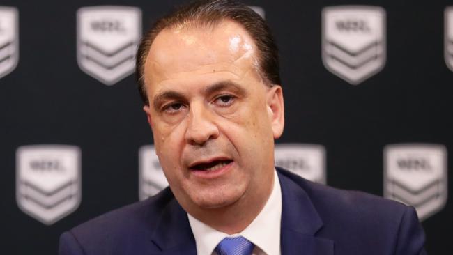 SYDNEY, AUSTRALIA - MARCH 24: ARLC Chairman Peter Vlandys speaks to the media during an NRL press conference at NRL headquarters on March 24, 2020 in Sydney, Australia. (Photo by Matt King/Getty Images)