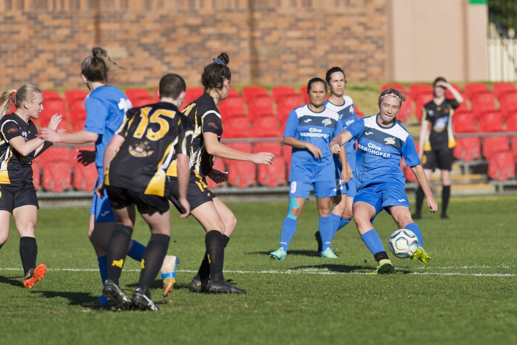 Chloe Hutton gets the first goal of the game for South West Queensland Thunder against Mudgeeraba Soccer Club in NPL Queensland women round 24 football at Clive Berghofer Stadium, Saturday, August 11, 2018. Picture: Kevin Farmer