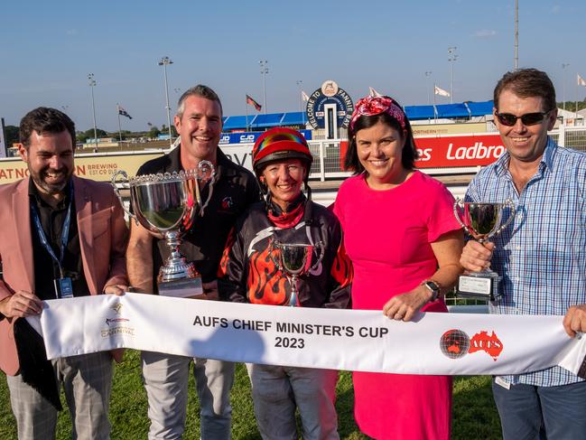 Racing Minister Chansey Paech and Chief Minister Natasha Fyles with the connections of Chief Minister Cup winner Noir De Rue including trainer Jason Manning and jockey Vanessa Arnott. Picture: Caroline Camilleri