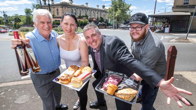 Roger McLean from Herbal Lore Liqueurs, Marina Roza from Pastry King, Jason Nicholson from Daylesford Meat Co and Bradley Thomas from the Hepburn Shire Council celebrate the fourth place. Picture: Tony Gough