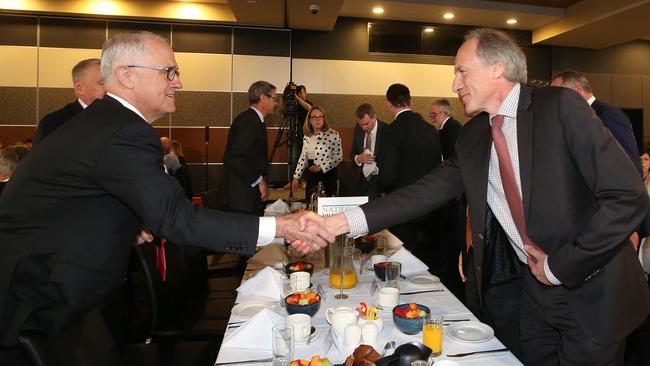 Mr Turnbull greets Mr Finkel. Picture: Kym Smith