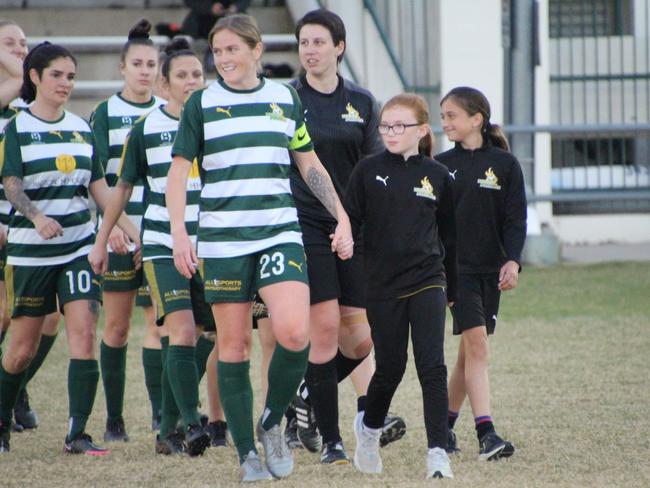 Western Pride footballer Meaghan McElligott playing against Brisbane City in the National Premier Leagues match at the Briggs Road Sporting Complex. Picture: Christina Moran