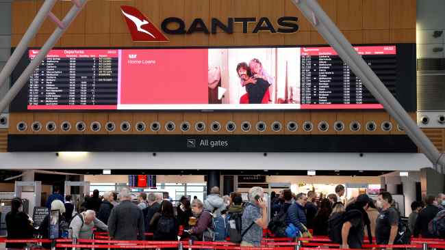People pictured at T3 Qantas Domestic departures terminal at Sydney Airport ahead of the Winter School Holidays.
Picture: NCA NewsWire / Damian Shaw