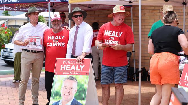 Cairns MP Michael Healy with Queensland Premier Steven Miles at a pre-poll booth at Cairns Showground. Picture: Adam Head