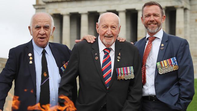 Veterans Arthur Savino, Keith Hearne, and Adam 'Buzz' Lawson at The Shrine of Remembrance. Picture: Alex Coppel.