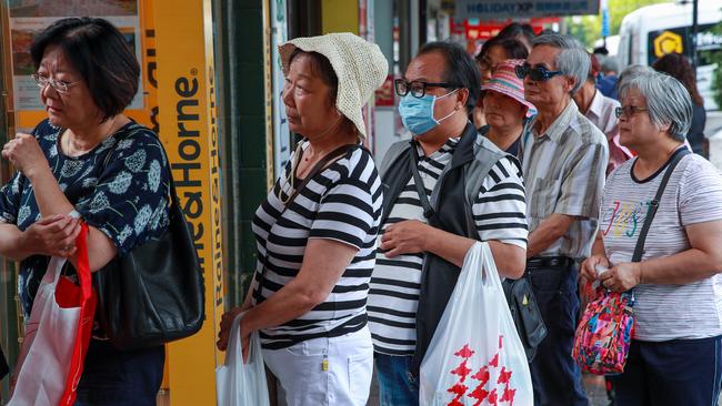 People queuing for free face masks in Eastwood on Tuesday. Numbers are down in Eastwood because of peoples fear of the coronavirus. Picture: Justin Lloyd