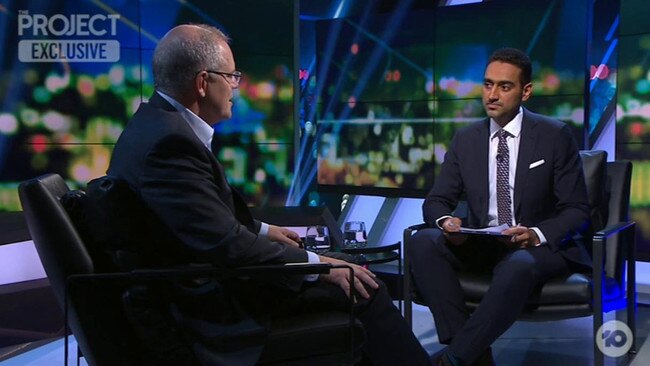 It was tense viewing at times watching the intellectual wrestling on live TV between Waleed Aly and Scott Morrison on the Project. Picture: TEN 