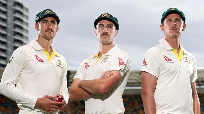 Australian fast bowlers Mitchell Starc, Pat Cummins and Josh Hazlewood. Picture: Peter Wallis