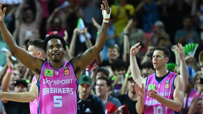 Barry Brown Jr celebrates after winning game four of the NBL Grand Final series. Picture: Getty Images