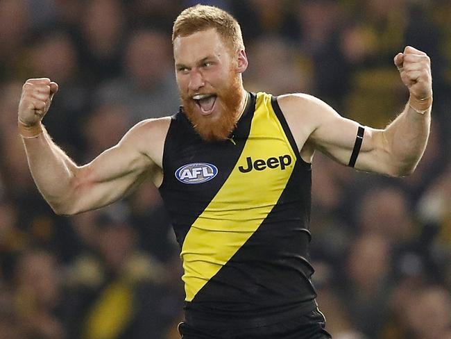 MELBOURNE, AUSTRALIA - JUNE 28: Nick Vlastuin of the Tigers celebrates a goal during the 2018 AFL round 15 match between the Richmond Tigers and the Sydney Swans at Etihad Stadium on June 28, 2018 in Melbourne, Australia. (Photo by Adam Trafford/AFL Media/Getty Images)