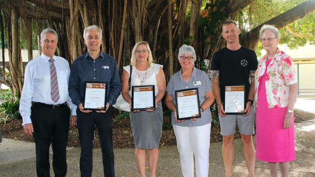 Gold winners (from left) North Queensland Bulk Ports CEO Nicolas Fertin, Daily Mercury general manager Karin-ane King, Pioneer Valley Museum volunteer Carmel Kelly and Michael Sleeman with Mayor Greg Williamson (far left) and Berenice Wright (far right).