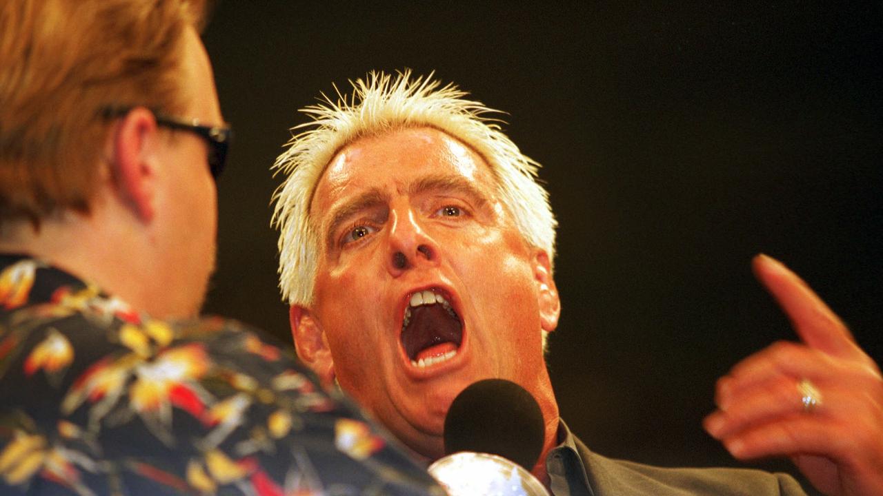 14/10/2000. Ric Flair raves to Mark Madden during World Championship Wrestling at the Tennis Centre.