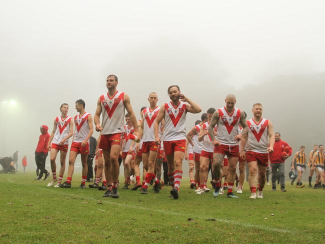 Olinda Ferny Creek players leave the ground on Saturday. Picture: Olinda Ferny Creek FNC