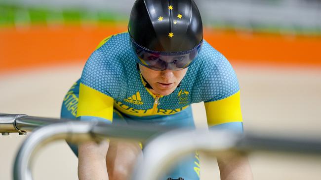 Anna Meares practices during a track cycling training session at the Rio Olympic Velodrome.