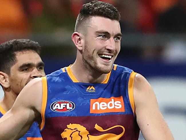 SYDNEY, AUSTRALIA - JULY 07: Daniel McStay of the Lions celebrates kicking a goal during the round 16 AFL match between the Greater Western Sydney Giants and the Brisbane Lions at GIANTS Stadium on July 07, 2019 in Sydney, Australia. (Photo by Mark Metcalfe/AFL Photos/via Getty Images )