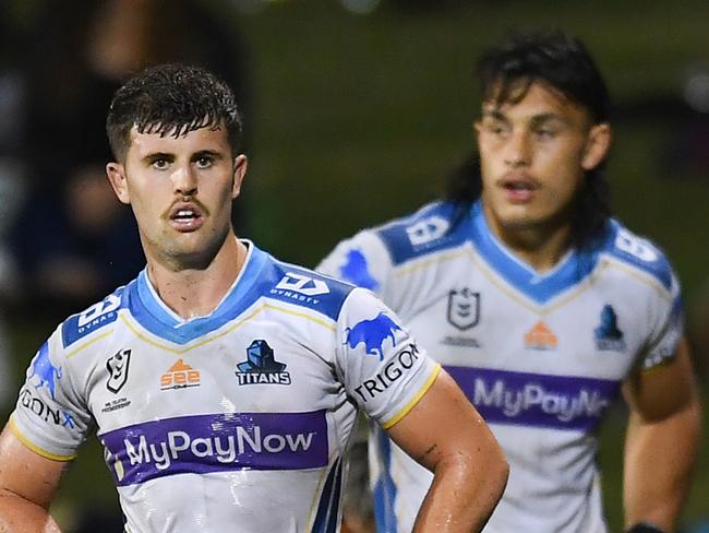 MACKAY, AUSTRALIA - MAY 07: Titans looks dejected during the round nine NRL match between the Sydney Roosters and the Gold Coast Titans at BB Print Stadium, on May 07, 2022, in Mackay, Australia. (Photo by Albert Perez/Getty Images)