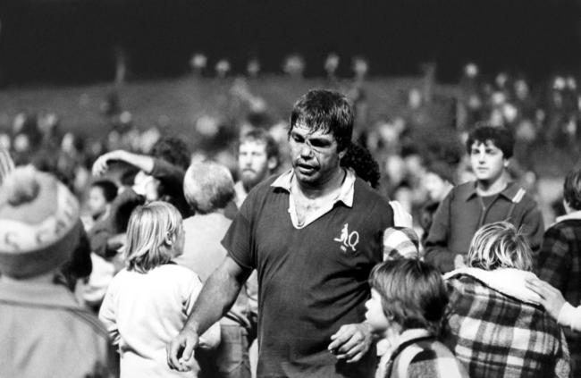 Arthur Beetson leaves the field with a swollen, bruised and bloodied face after the NSW versus Queensland State of Origin game on May, 1981.