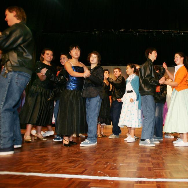Somerset College senior students perform the musical Grease. The full dress rehearsal. The whole cast dancing.