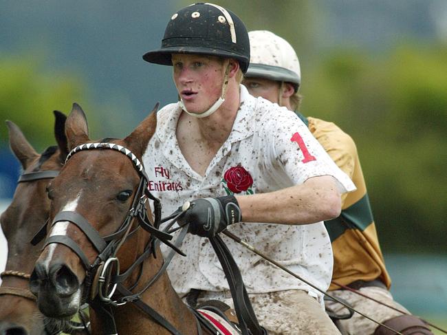 Prince Harry playing in the Young England vs. Young Australia polo match in NSW in 2003. Picture: AFP