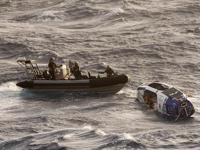 HMAS Choules rescues a solo rowboat adventurer off the east Australian coast. *** Local Caption *** On 01 March 2025, Defence accepted a request from the Australian Maritime Safety Authority (AMSA) to support a search and rescue operation approximately 740km east of Mackay, QLD, after concerns were raised for the safety of a solo occupied rowboat. The vessel is in close proximity to Severe Tropical Cyclone Alfred. Defence has dispatched a Royal Australian Air Force P-8A Poseidon aircraft from RAAF Base Edinburgh in South Australia, and the Royal Australian Navy ship HMAS Choules from Brisbane to assist in the AMSA âled operation.