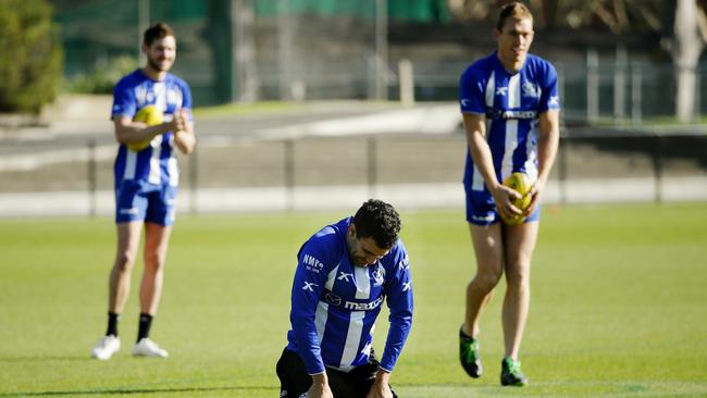 North Melbourne forwards put through their paces at training. Picture: Colleen Petch