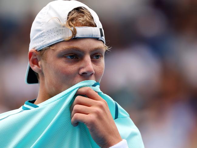 MELBOURNE, JANUARY 21, 2024: 2024 Australian Open Tennis - Cruz Hewitt in action against Alexander Razeghi during their first round junior boys singles match. Picture: Mark Stewart