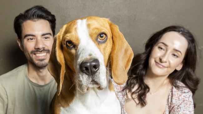 Jarryd Churchward and Maddy Childs with Freddie the Beagle at their Moorooka home, Thursday, August 18, 2022 - Picture: Richard Walker