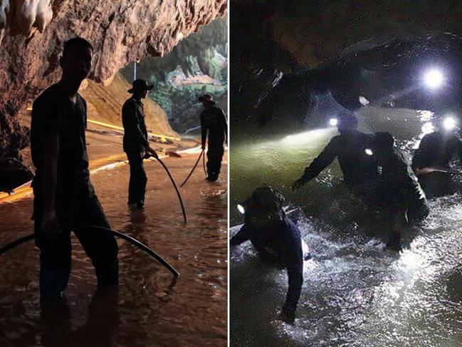 In this handout photo released by Tham Luang Rescue Operation Center, Thai rescue teams walk inside cave complex where 12 boys and their soccer coach went missing, in Mae Sai, Chiang Rai province, in northern Thailand, Monday, July 2, 2018. Rescue divers are advancing in the main passageway inside the flooded cave in northern Thailand where the boys and their coach have been missing more than a week. (Tham Luang Rescue Operation Center via AP)