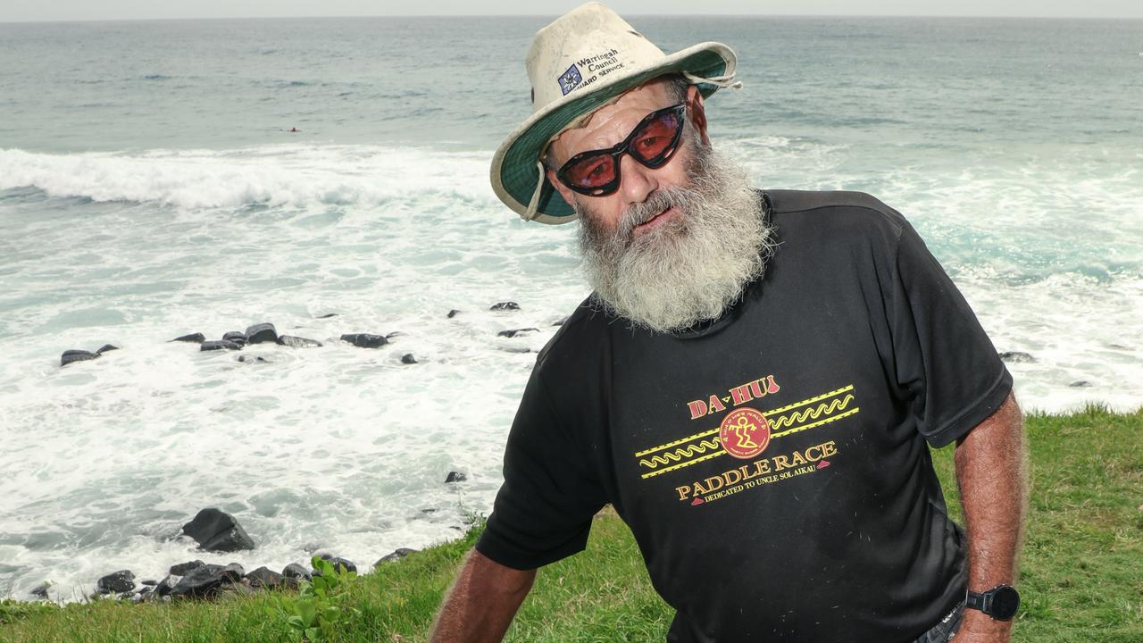 Phill Gregory and Maui among the crowd at the 2025 Gold Coast Open surf comp at Burleigh Heads. Picture: Glenn Campbell