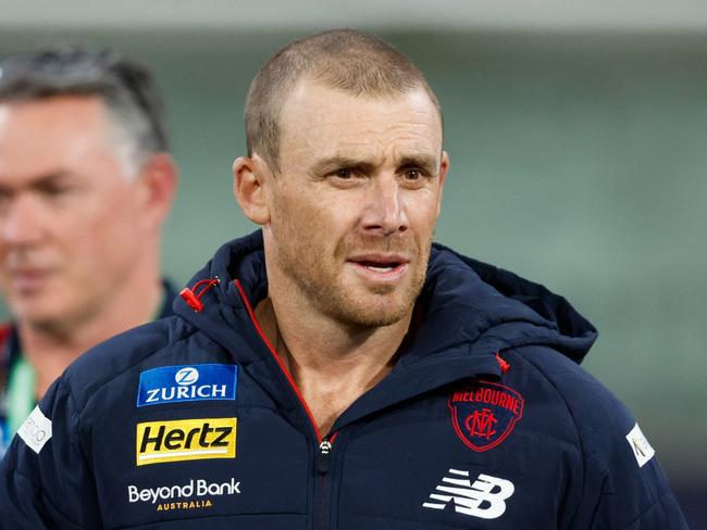 MELBOURNE, AUSTRALIA – MAY 04: Simon Goodwin, Senior Coach of the Demons is seen at three quarter tie during the 2024 AFL Round 08 match between the Melbourne Demons and the Geelong Cats at The Melbourne Cricket Ground on May 04, 2024 in Melbourne, Australia. (Photo by Dylan Burns/AFL Photos via Getty Images)