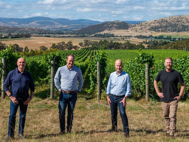 Tolpuddle Vineyard, in Coal River Valley, Tasmania. – Michael Hill Smith, David LeMire, Martin Shaw &amp; Adam Wadewitz. Picture: Chris Crerar