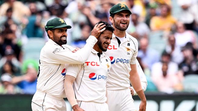 After being left out of the Perth Test, Hasan Ali was emotional after removing Usman Khawaja on his way to 1-28 from 14 overs at the MCG. Picture: William West / AFP