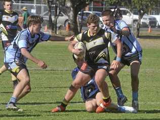 PIVOTAL PLAYER: Michael Hughes takes on the defence in the under-15 Group 1 grand final between the Clarence Coast Magpies and the Ballina Seagulls at Frank McGuren Field on Saturday. Picture: Mitchell Keenan