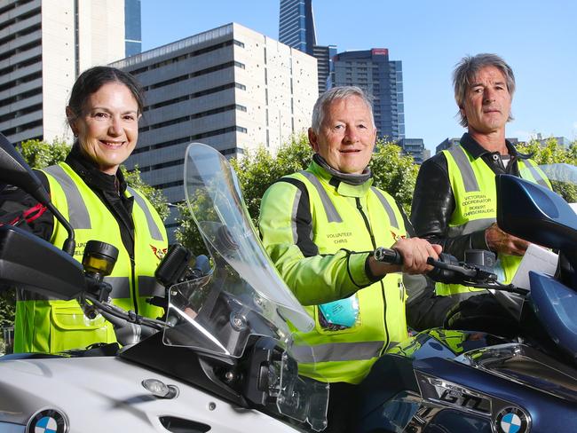 Bloodbikes, the volunteer motorcyclists who transport urgent blood and medical supplies throughout Victoria, all for free. L TO R   Melinda Hindson, Chris Renwick and Robert Chriomalidis. Thursday, January 11, 2024. Picture: David Crosling