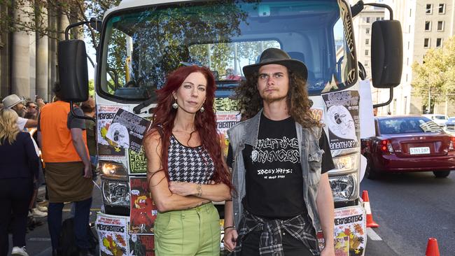 Musicians, Nicki Gartlan with her son, Jacob Gartlan at the Save the Cranker rally in Adelaide on Sunday. Picture: Matt Loxton