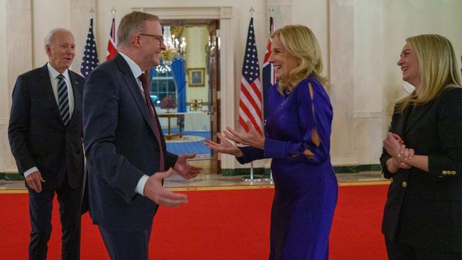 US President Joe Biden, left, Anthony Albanese, First Lady Jill Biden and Jodie Haydon at the White House on Wednesday (AEDT). Picture: PMO