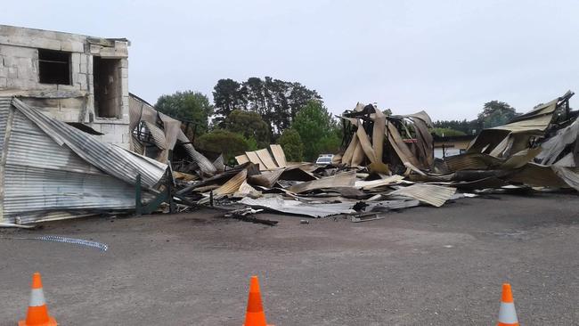 The Nangwarry Saints Football clubrooms were destroyed overnight in a suspicious blaze — the latest in a spate of fires in the small South-East town. Picture: Vicky Neale