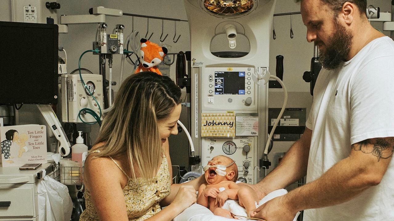 Annika and Nathan Farrant with baby Johnny who was born with spina bifida at Mater Mothers' Hospital in 2019. Photo: Supplied.