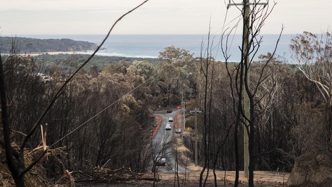 Scorched bushland on Thompsons Drive in Tathra on March 25, 2018. Picture: Getty