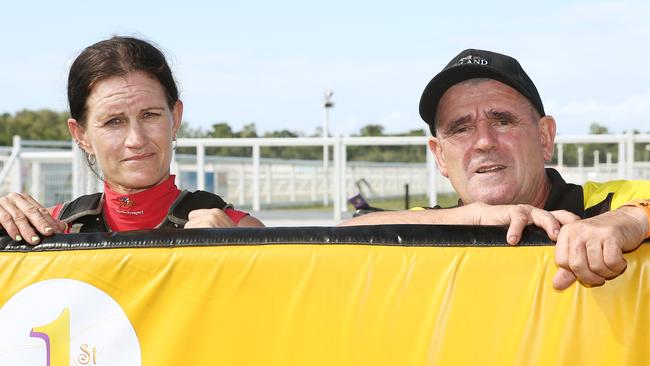 Jockey Bonnie Thomson and trainer Rodney Miller after winning Race 5 at Cannon Park on Barwon. The general public are not permitted to attend horse races due to the government restrictions in place to reduce the spread of coronavirus. PICTURE: BRENDAN RADKE.