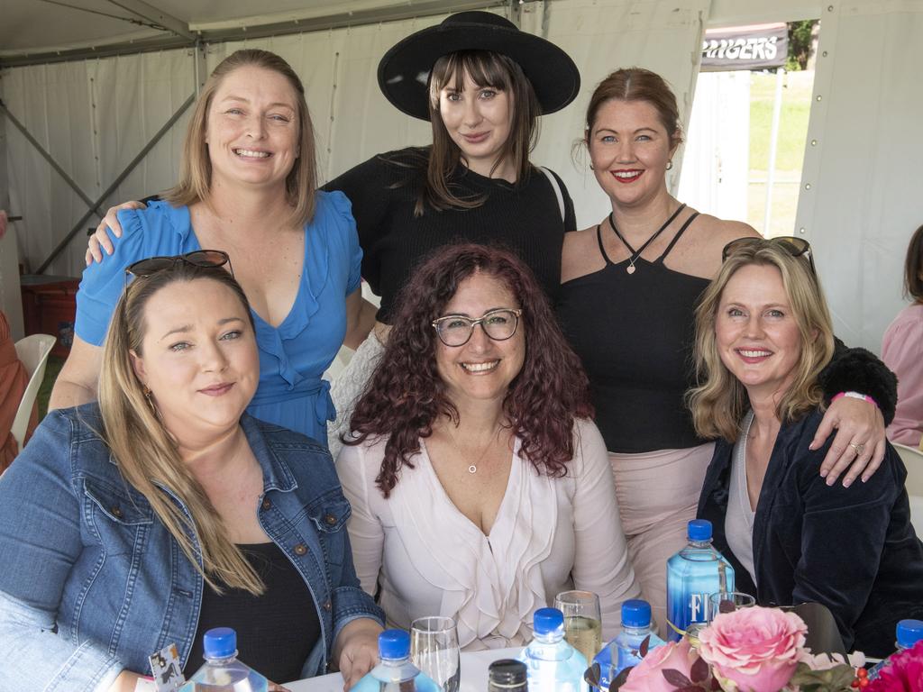 (back from left) Sharon Sweedman, Kate Radley and Kearin Lowrey. (front from left) Jess Errington, Sonia Wood and Louise Anderson. Rangers Ladies Day at Gold Park. Saturday, May 28, 2022. Picture: Nev Madsen.