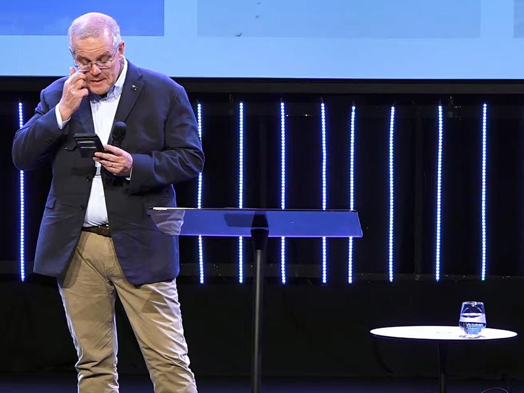 Scott Morrison appears to tear up while addressing Horizon Church after his election defeat. Picture: YouTube/Horizon Church