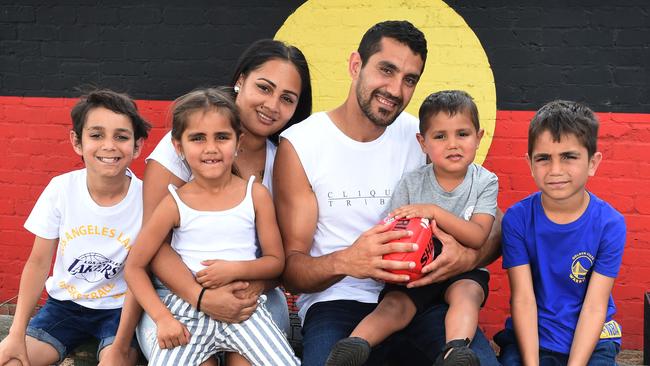 Marlion Pickett, his partner Jessica and their four children Levi, 2, Latrell, 8, Marlion, 9, and Shaniquae, 4. Picture: Tony Gough