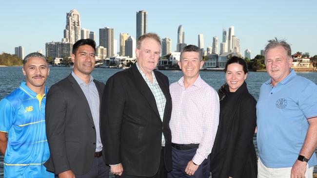 The new members of the Gold Coast rugby board and committee at Gold Coast Eagles rugby club. Left to right they are, Trent Ma Chong (rugby manager), Jason Baker (board), Jed Hogan (chair), Mark Muir (Vice chair), brooklyn Manu (community Rugby Manager) and Chris Cameron (board) Picture Glenn Hampson