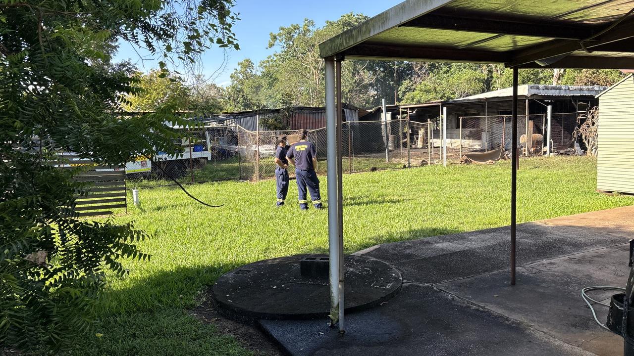 A property behind the Caltex service station in Howard Springs caught on fire in the early morning of February 20, 2025. Picture: Thomas McLean