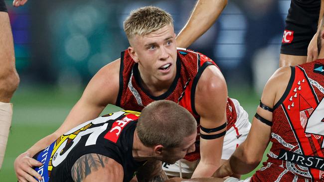 Essendon debutant Nate Caddy was goalless but impressed Brad Scott and Bombers fans with his confidence in front almost 80,000 at the MCG. Picture: Dylan Burns / Getty Images