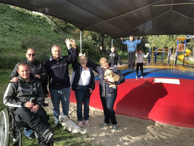 Terry and Louise Hill of Salisbury with fellow caravanners Stephen and Angie Smith and Suzette Cook, and their children Lachlan, 11, Ethan, 9 and Charlotte 7 at the Discovery Parks in the Barossa Valley. Picture: Brad Crouch