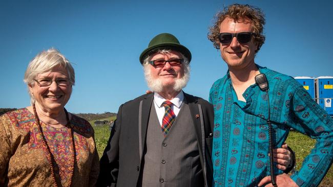 Doug Tapfield, right, with mum Donna and blues legend Chris Finnen Dougstock 1 in August, 2020. Picture: Samra Teague